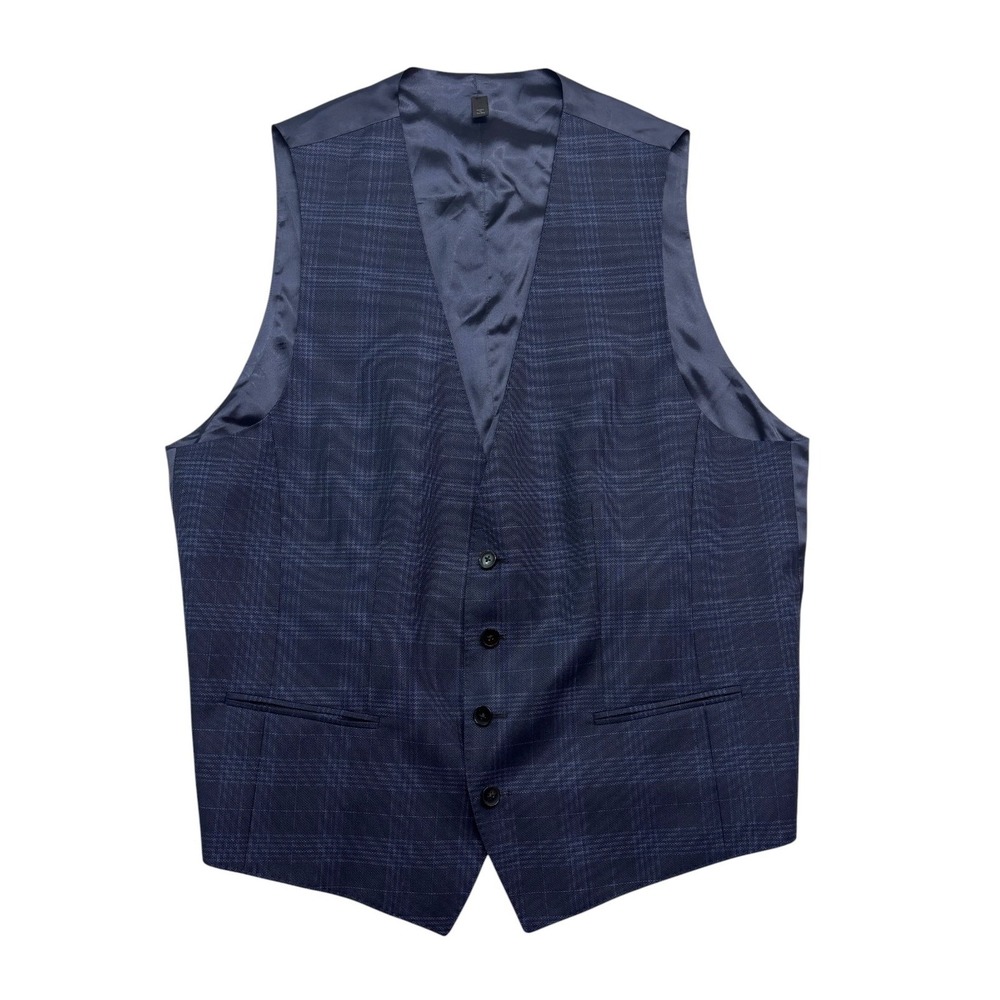 Hugo Boss 42R Navy Blue Plaid Huge6 Vest Waistcoat Modern Formal 100% Wool